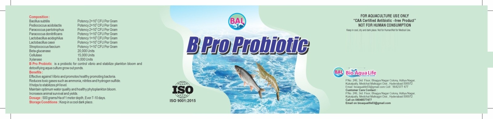 B Pro Probiotic product label with composition, benefits and CAA registration details