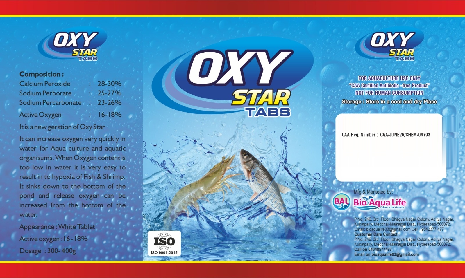 Oxy Star Tabs product label with composition, dosage and CAA registration details