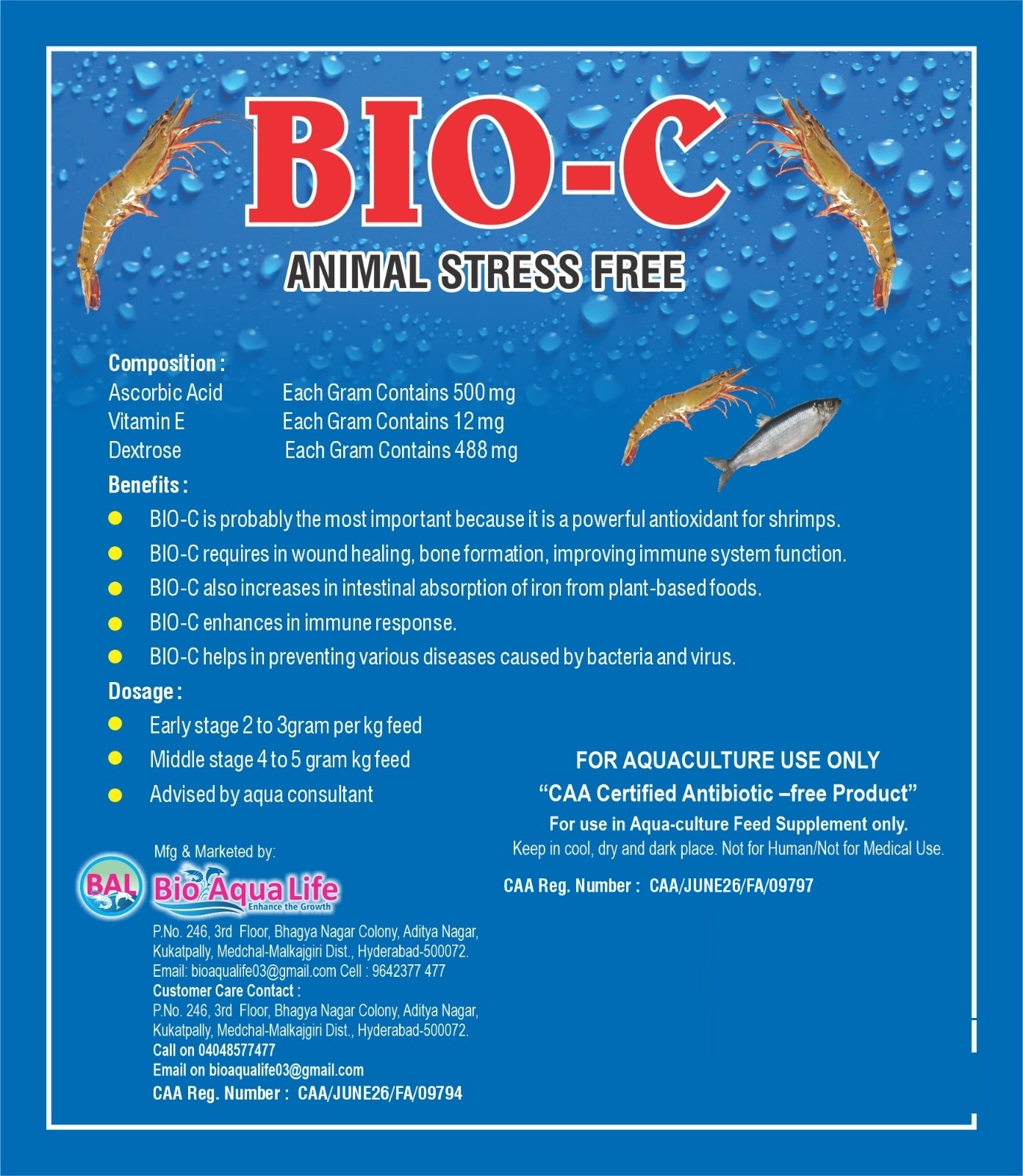 Bio-C product label with composition, benefits, dosage and CAA registration details