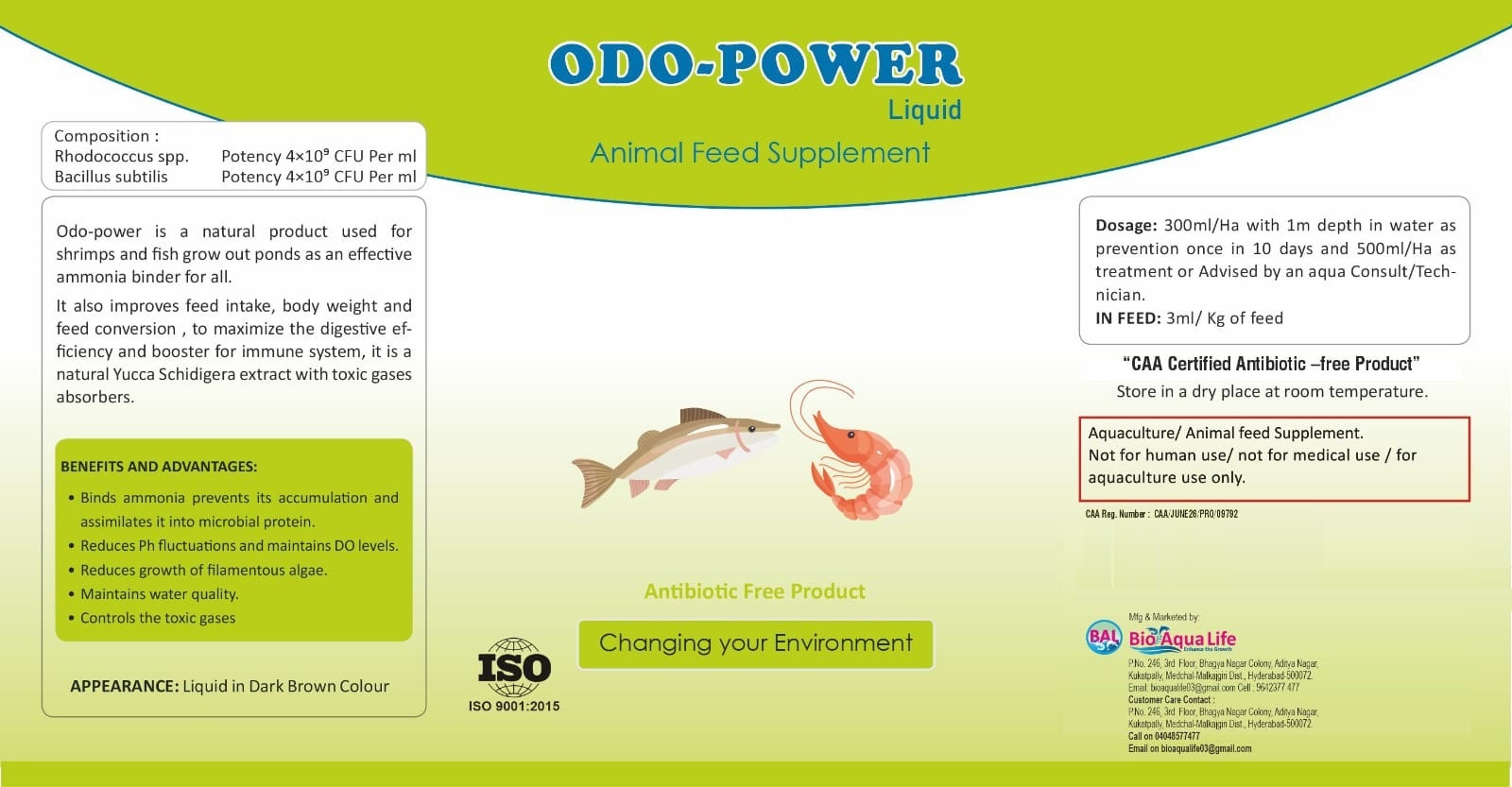 Odo-Power Liquid product label with composition, dosage and CAA registration details