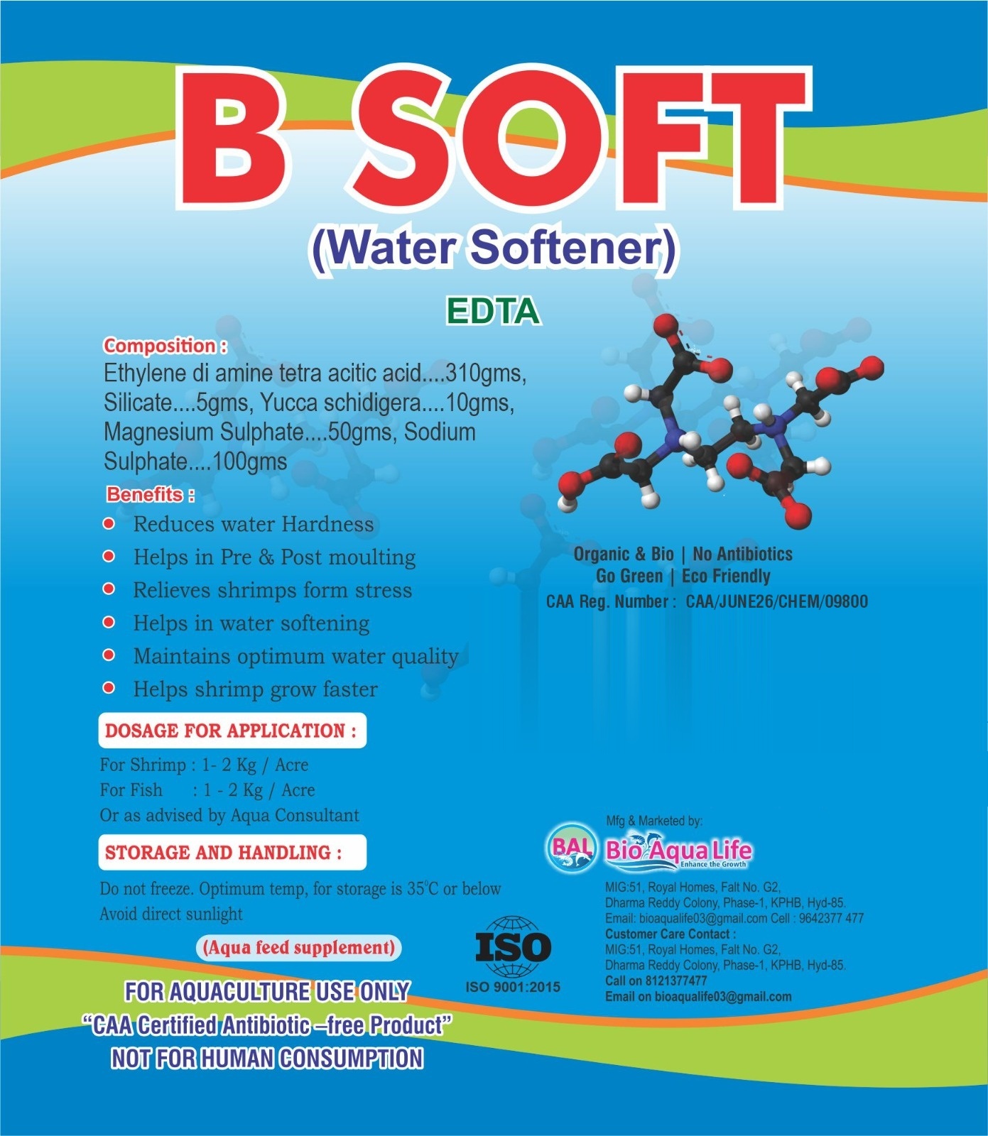 B-Soft Water Softener product label with composition, benefits, dosage and CAA registration details
