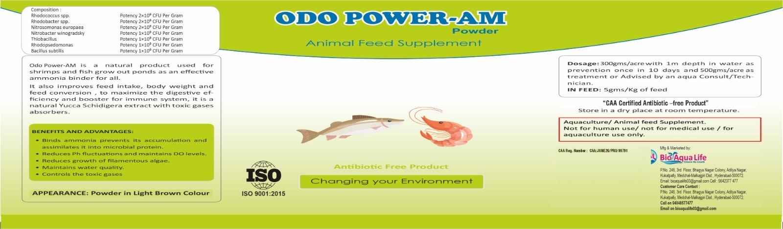 Odo Power-AM Powder product label with composition, dosage and CAA registration details