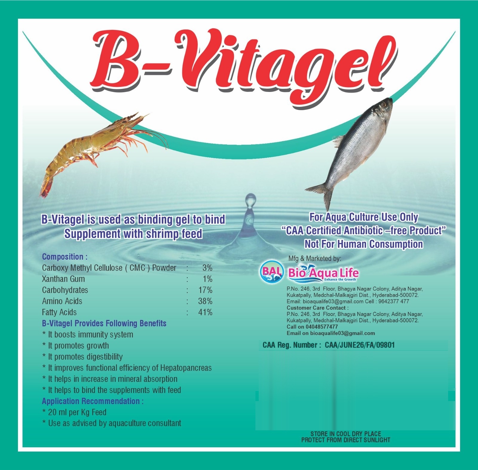 B-Vitagel product label with composition, benefits, dosage and CAA registration details