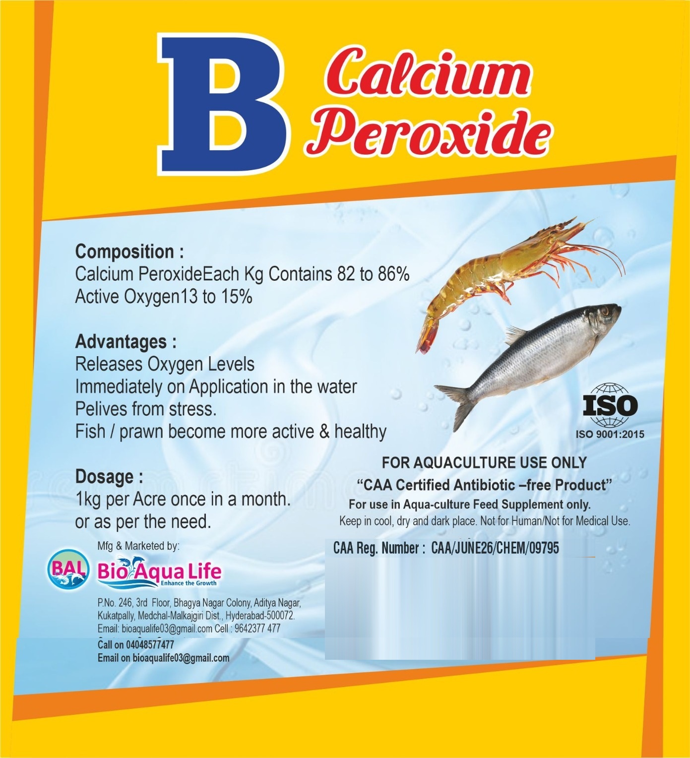 B Calcium Peroxide product label with composition, advantages, dosage and CAA registration details