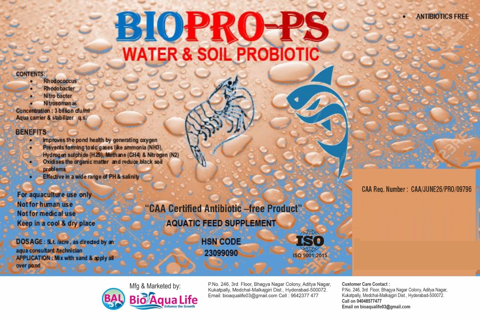 BioPro-PS water and soil probiotic label with contents, benefits, dosage and CAA registration details