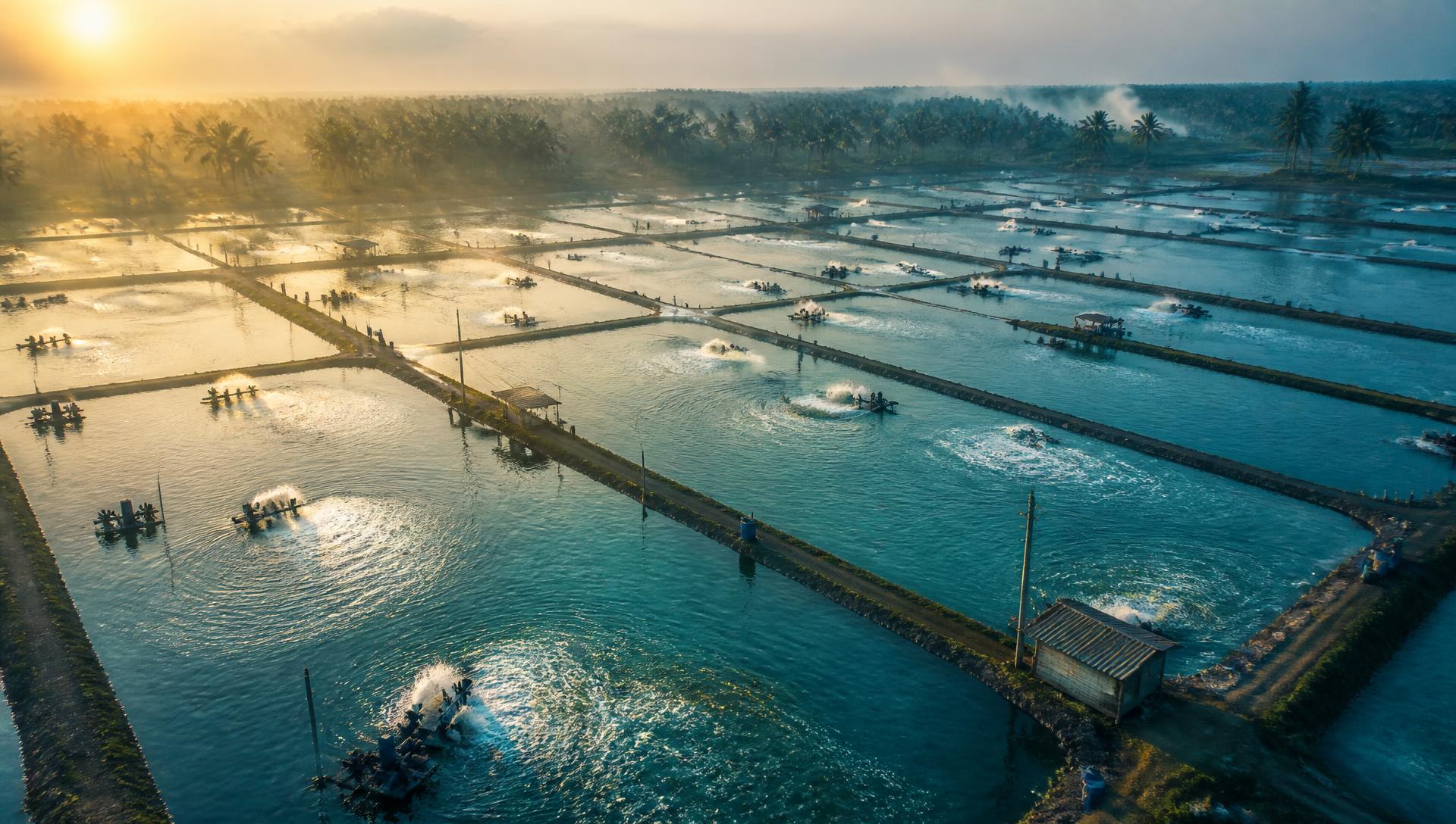Aerial view of a coastal shrimp aquaculture farm at sunrise