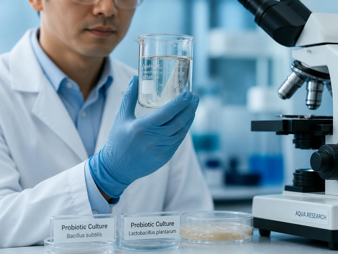 Scientist testing pond water in the Bio Aqua Life laboratory