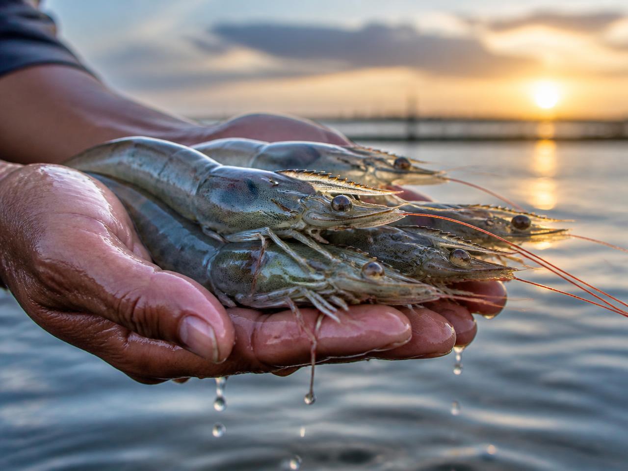 Farmer holding freshly harvested vannamei shrimp